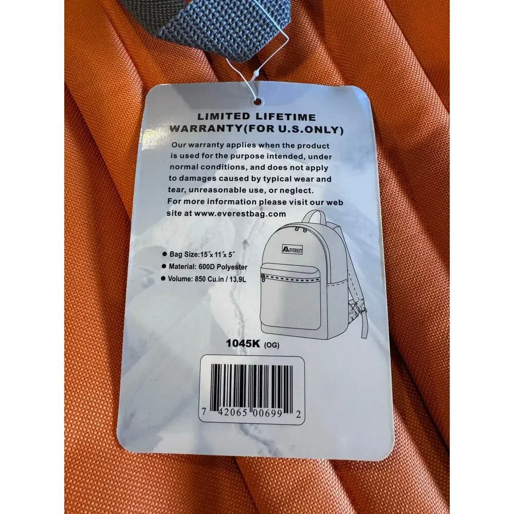 Everest Basic Backpack, Orange, One Size High Visibility